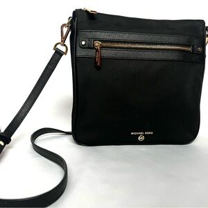 Michael Kors Black Nylon Crossbody Bag Gold Hardware Zip Pocket Travel Purse